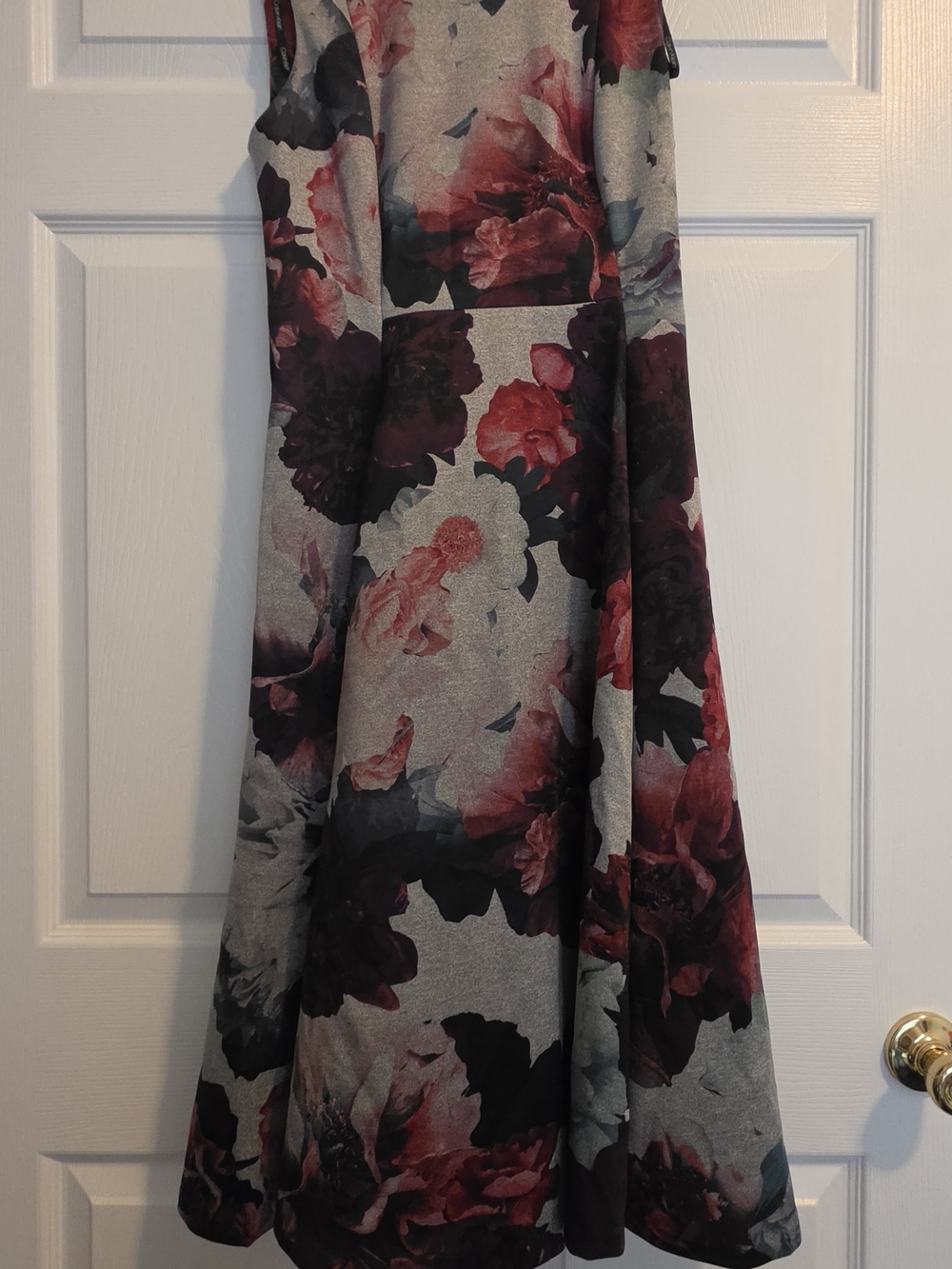 Calvin Klein Gray A-Line Dress with Burgundy Floral Print
